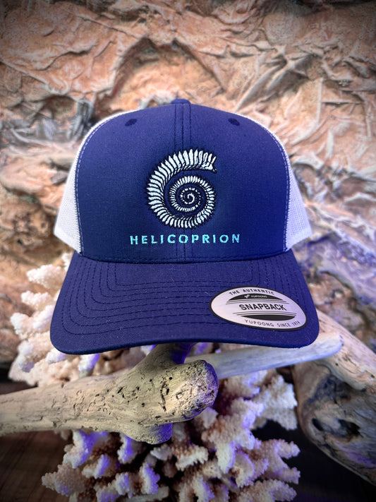 Helicoprion Tooth Whorl - embroidered Trucker Hat: navy/white